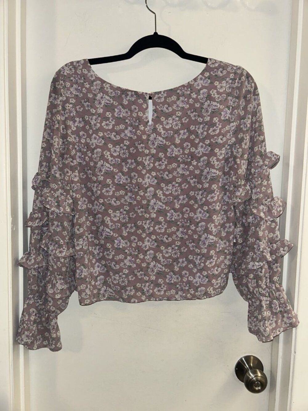 Sugarlips Purple Floral Ruffle Puff Sleeve Boho Cottage Chic Preppy Blouse Small - Picture 5 of 7